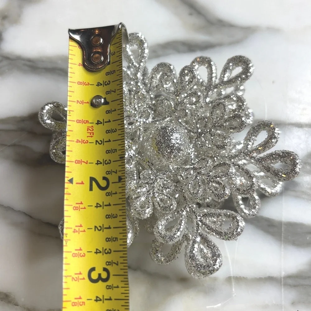 Crate & Barrel Snowflake Ornaments Set of 3 Silver NEW Glitter Dimensional 3in
